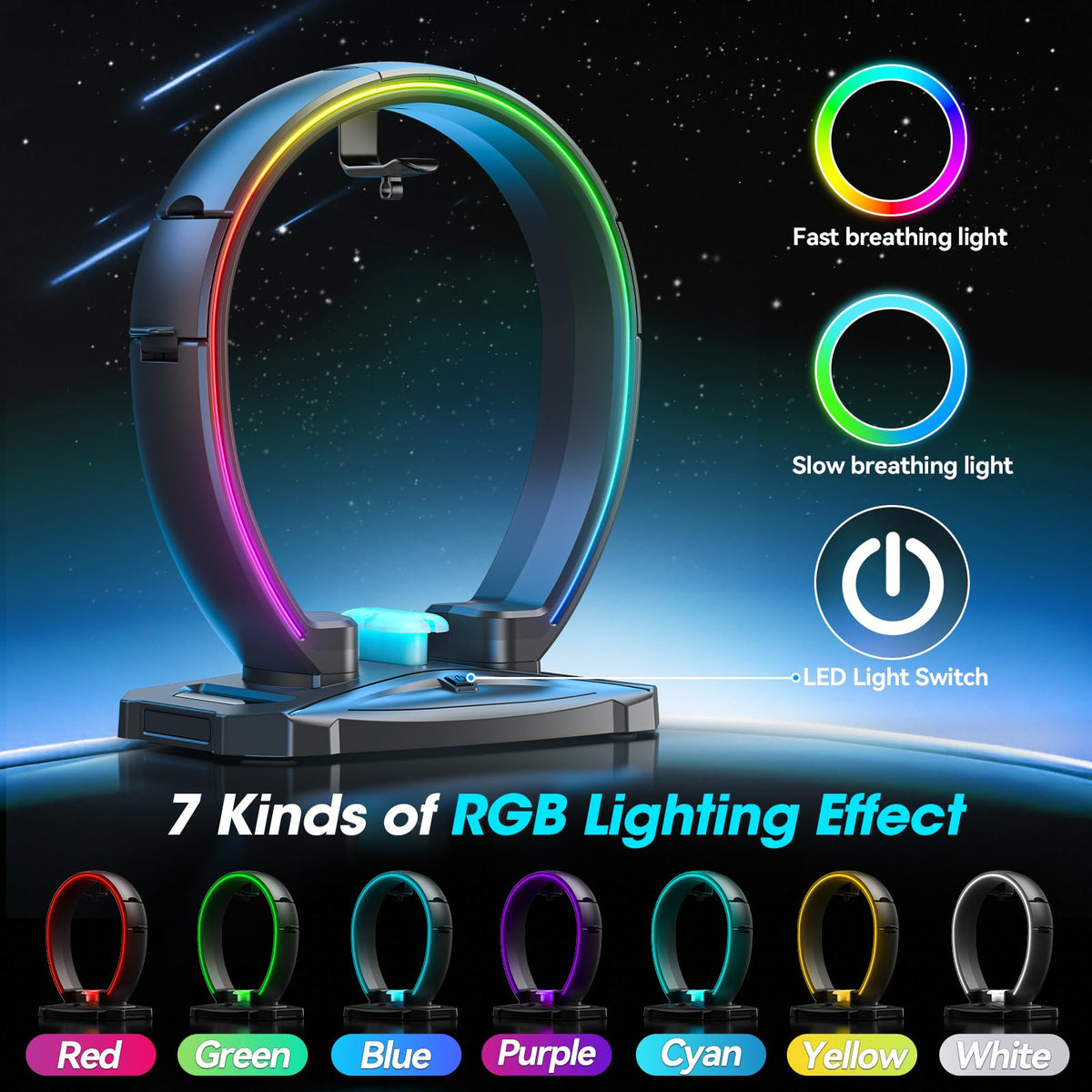 RGB Headphone & Controller Stand with Cable Organizer