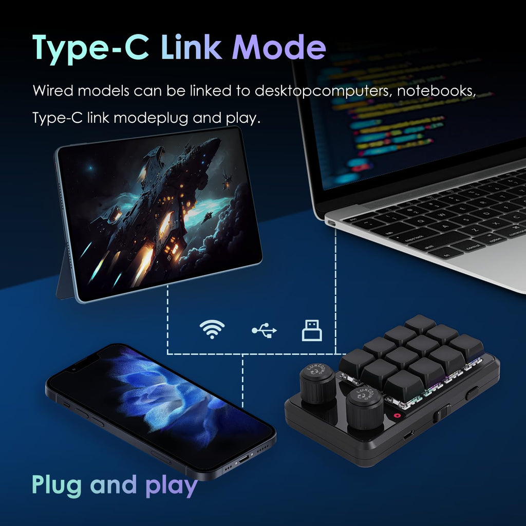 LUKCOZMO Macro Pad,12-Key Programmable Keypad with Knob & BT RGB, One Handed Mini Mechanical Gaming Keyboard, Software in USB Flash Drive for OSU, Wireless Receiver & Type C Cable