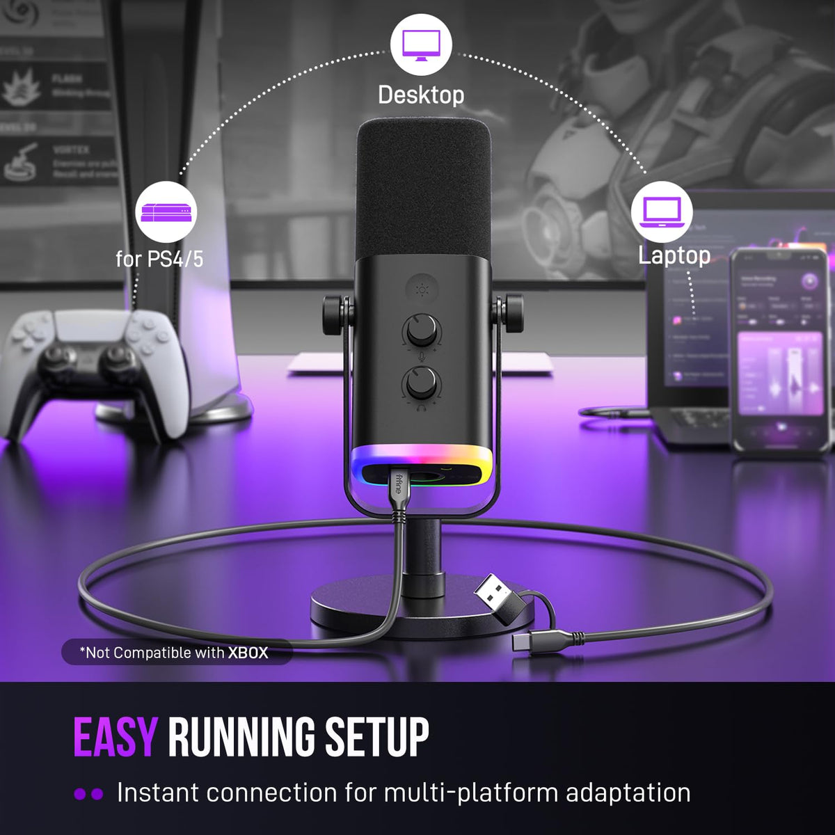 FIFINE XLR/USB Dynamic Microphone for Podcast Recording, PC Computer Gaming Streaming Mic with RGB Light, Mute Button, Headphones Jack, Desktop Stand, Vocal Mic for Singing YouTube-AmpliGame AM8