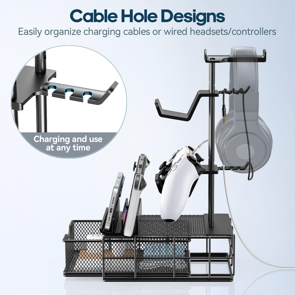 Aluminum Headphone & Controller Stand with Storage Drawer