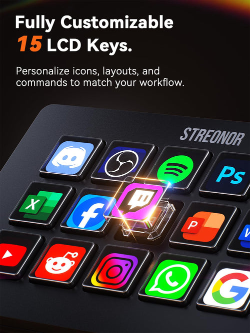 15-Key LCD Stream Controller Studio Control Deck - Black