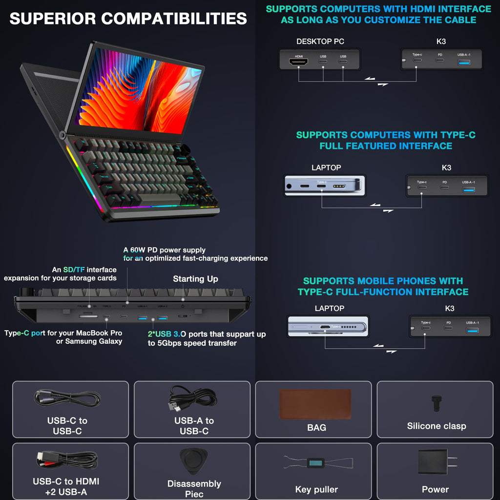 Kwumsy K3 Touchscreen Gaming Mechanical Keyboard - 82 Key Portable USB Wired RGB LED Backlit N-Key Compact Keyboard With 13" Foldable 0-90 Degree Portable Screen, Plug and Play for Wins Mac