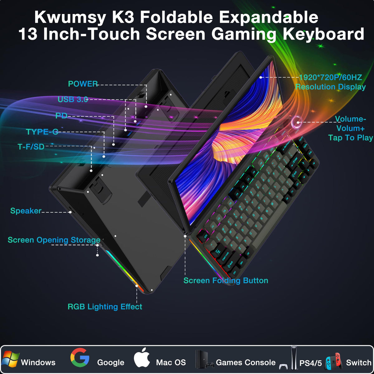 Kwumsy K3 Touchscreen Gaming Mechanical Keyboard - 82 Key Portable USB Wired RGB LED Backlit N-Key Compact Keyboard With 13" Foldable 0-90 Degree Portable Screen, Plug and Play for Wins Mac