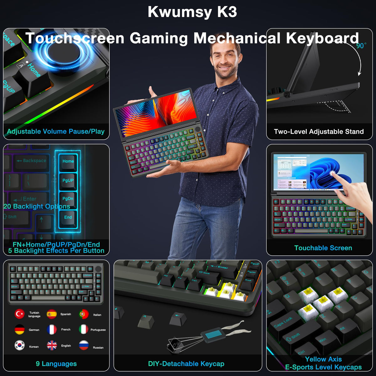 Kwumsy K3 Touchscreen Gaming Mechanical Keyboard - 82 Key Portable USB Wired RGB LED Backlit N-Key Compact Keyboard With 13" Foldable 0-90 Degree Portable Screen, Plug and Play for Wins Mac
