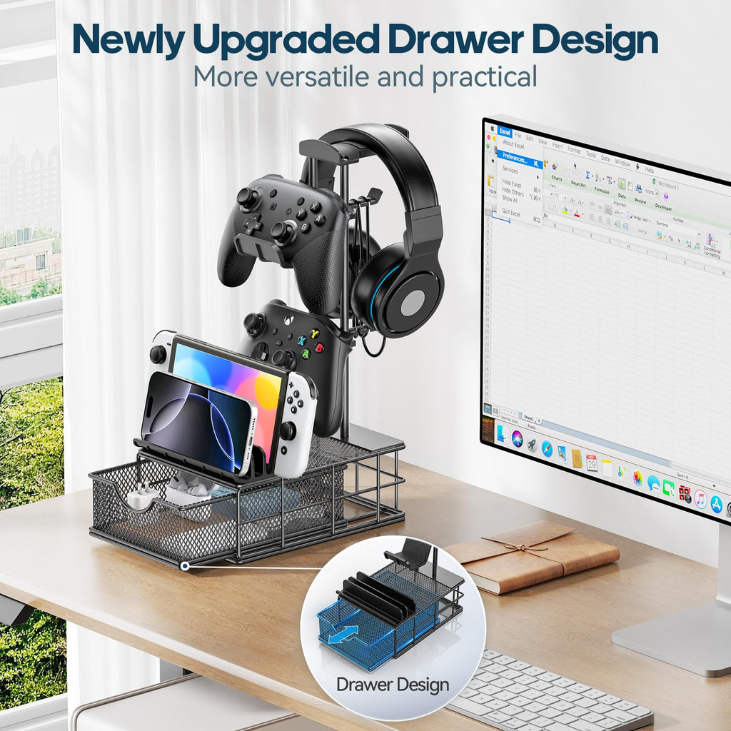 Aluminum Headphone & Controller Stand with Storage Drawer