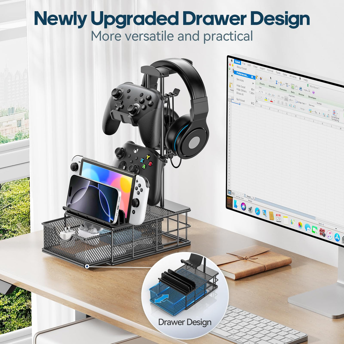 Aluminum Headphone & Controller Stand with Storage Drawer