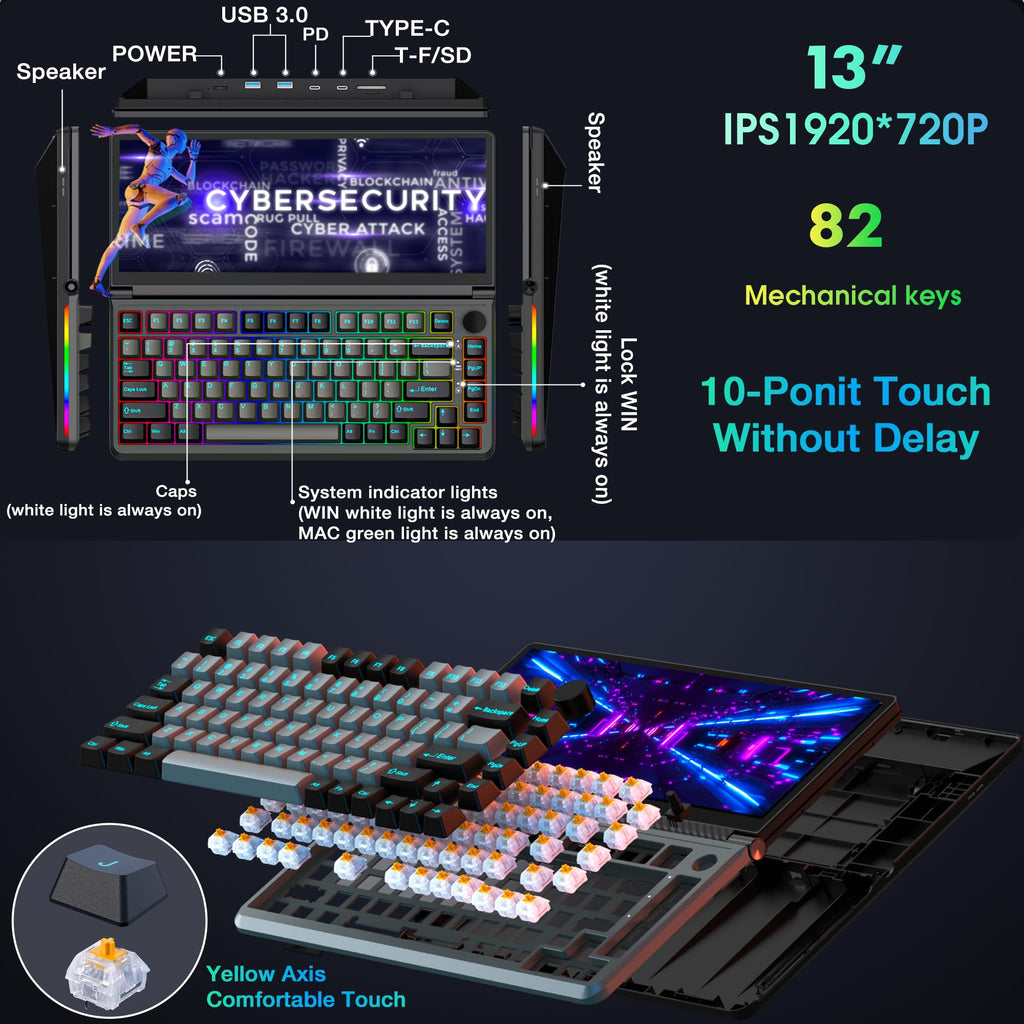 Kwumsy K3 Touchscreen Gaming Mechanical Keyboard - 82 Key Portable USB Wired RGB LED Backlit N-Key Compact Keyboard With 13" Foldable 0-90 Degree Portable Screen, Plug and Play for Wins Mac