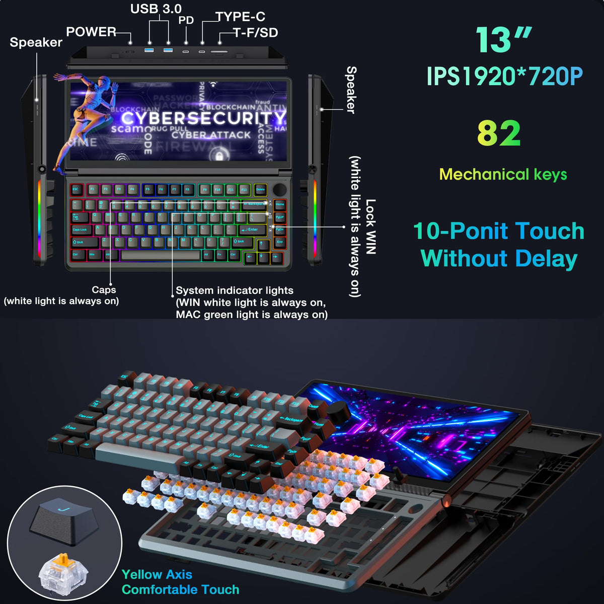 Kwumsy K3 Touchscreen Gaming Mechanical Keyboard - 82 Key Portable USB Wired RGB LED Backlit N-Key Compact Keyboard With 13" Foldable 0-90 Degree Portable Screen, Plug and Play for Wins Mac